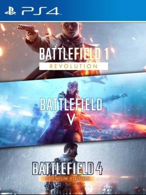 3 JUEGOS EN 1 BATTLEFIELD 4 PREMIUM EDITION MAS BATTLEFIELD 1 REVOLUTION MAS BATTLEFIELD V STANDAR EDITION PS4